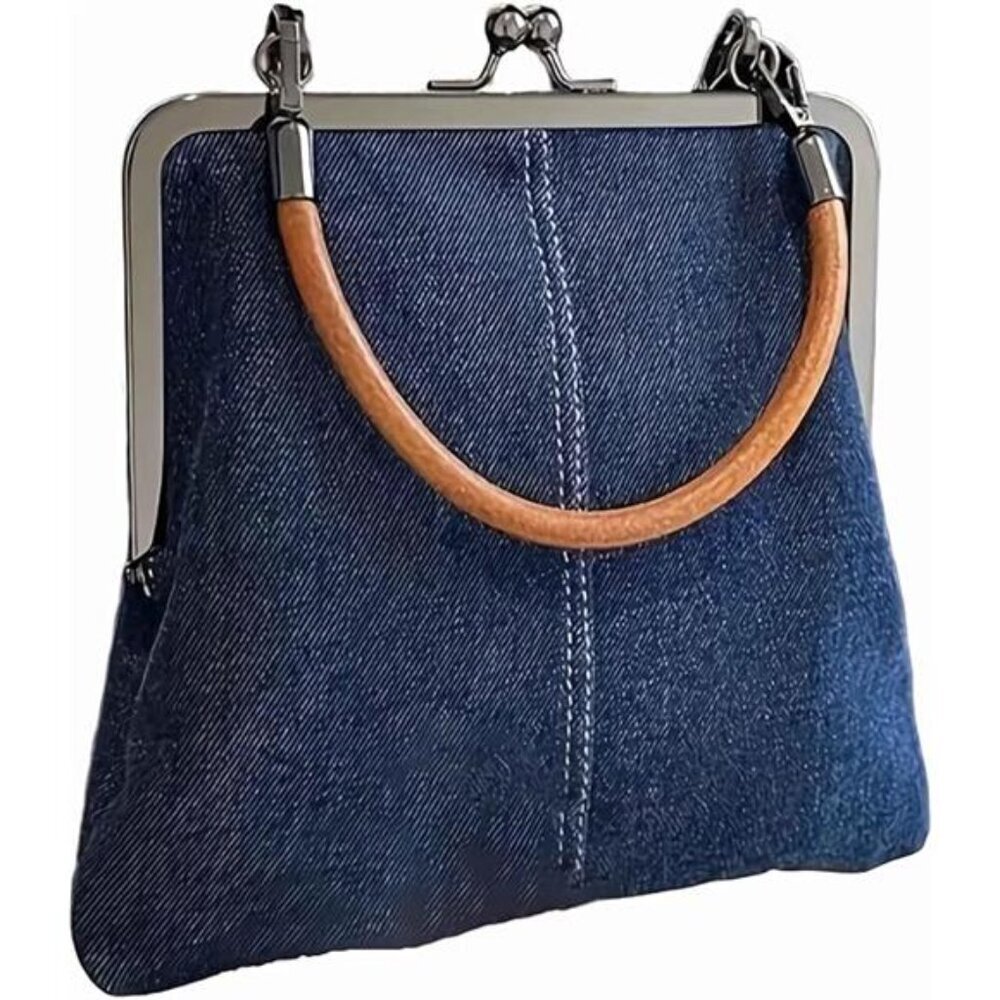 Denim Crossbody Tote Bags For Women, Mini Blue Denim Totebag Kiss Lock Purses - Picture 7 of 7